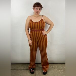 430B. Burgundy Mustard Striped Knit Jumpsuit